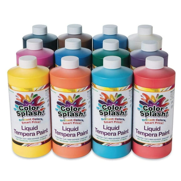 S&S Worldwide Color Splash! Liquid Tempera Bulk Paint, Set of 12 in 11 Bright Colors, 32-oz Easy-Pour Bottles, Great for Arts & Crafts, School, Classroom, Poster Paint, F