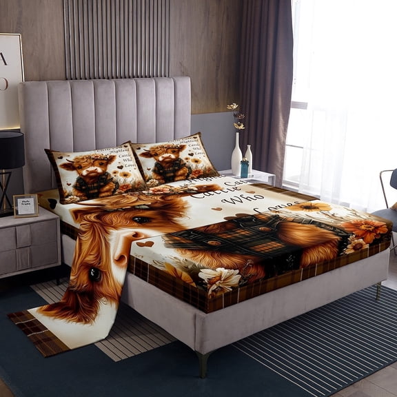 Erosebridal Cute Highland Cattle Twin Sheet Sets, Cartoon Farm Animal Bedding Twin Size, Chic Flower Room Decor 3pcs