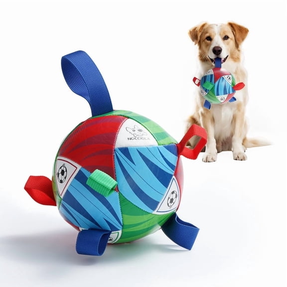 Interactive Dog Toys, Soccer Ball Tug & Fetch Ball for Dogs, Durable Enrichment Toy with Chew-Resistant Grip Strap & Pump, Multicolor, 8 Inch