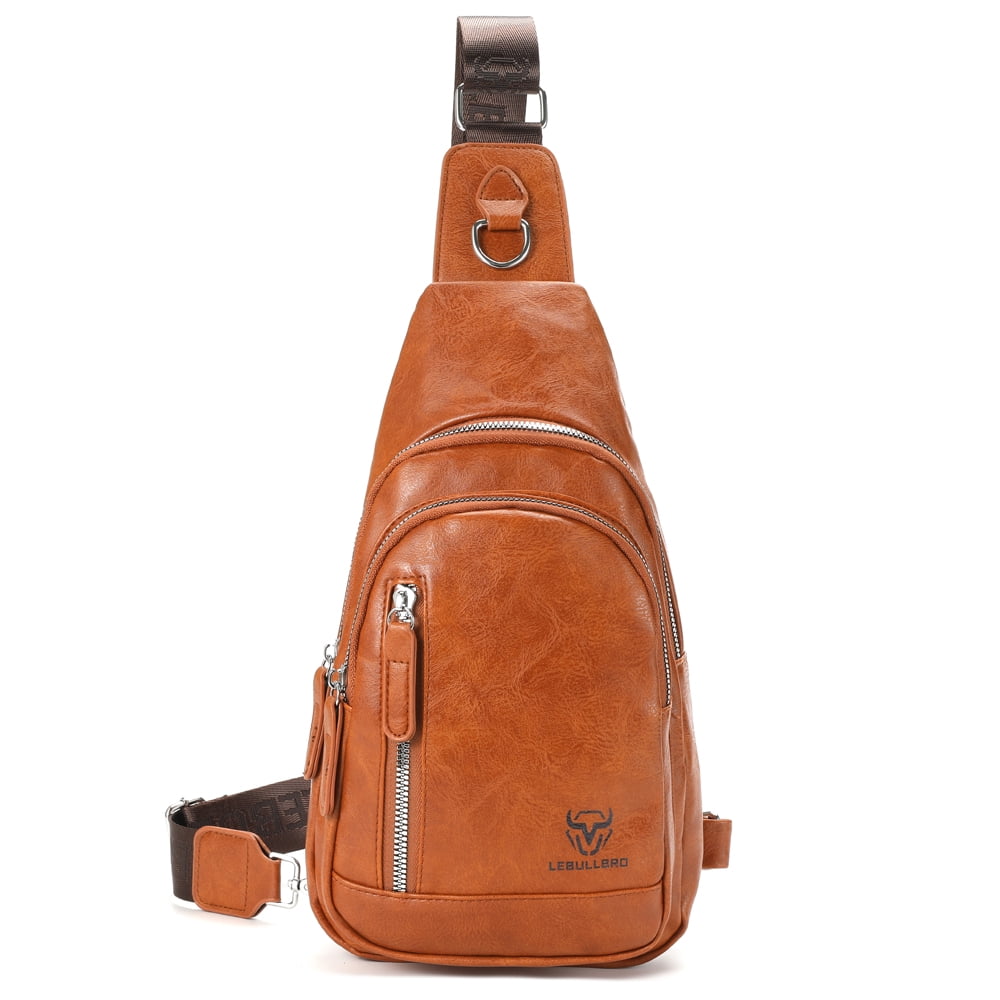 LEBULLBRO Sling Bag for Men Soft Leather Chest Bag Crossbody Backpack Travel Hiking Outdoor Sports Light Brown