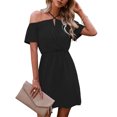 thumbnail image 4 of Off Shoulder Dress, Vestido de las mujeres de color puro causal de la correa de espagueti para el verano Negro M Negro L LHCER 1, 4 of 5