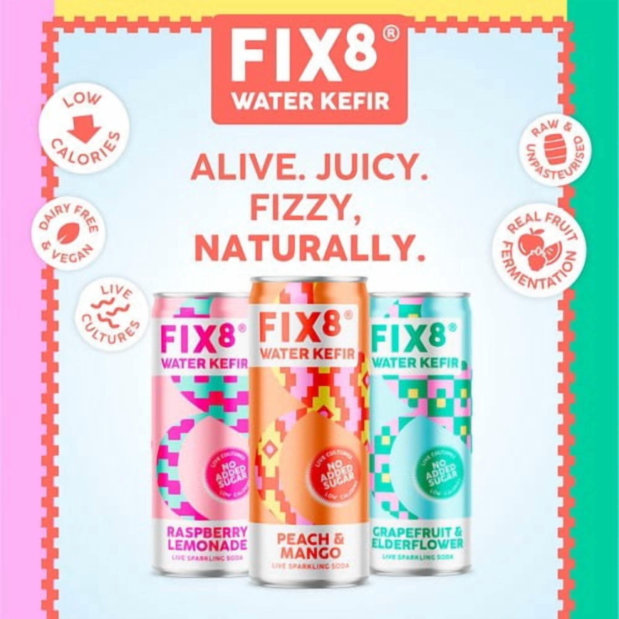 Fix8 Water Kefir Peach + Mango 4 x 250ml, British Import (Pack of 2)