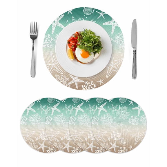 Green Ombre Coastal Round 13 Inch Placemats Set of 4, Sea Nautical Summer Beach Starfish Coral HeatResistant Non Slip Place Mats for Dining Table, Wipeable Braided Kitchen Table Mats for Housewarming