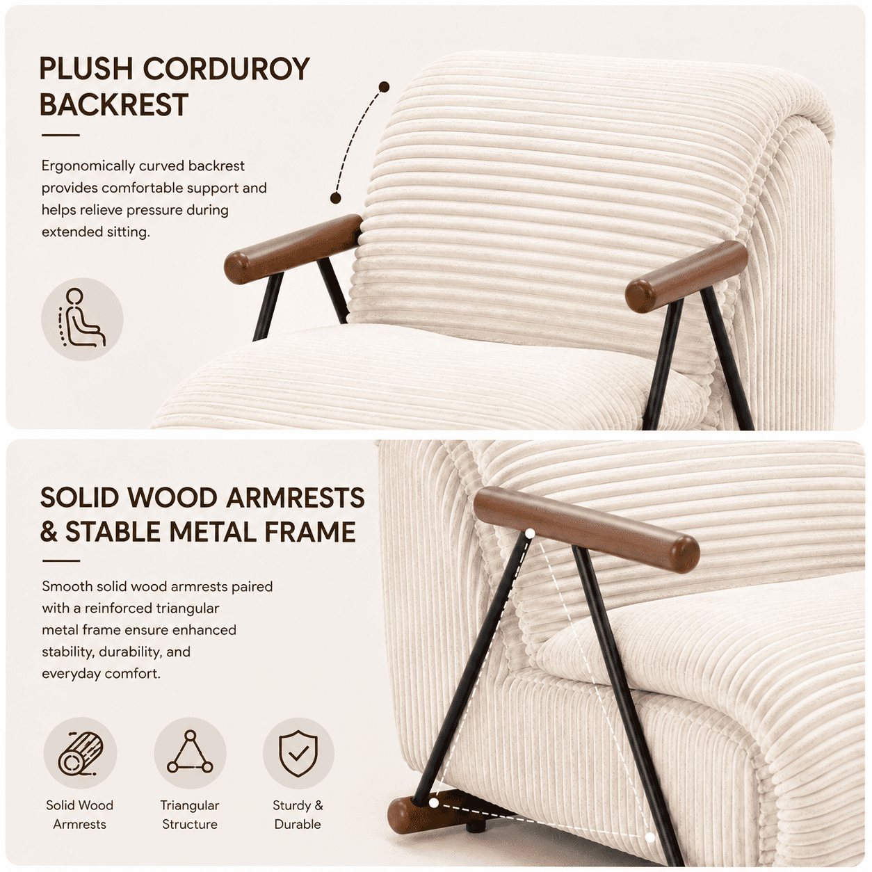 MOONMISS Corduroy Accent Chair, Upholstered Lounge Armchair with Solid Wood Armrests & Minimalist Metal Frame for Living Room, Bedroom,Beige