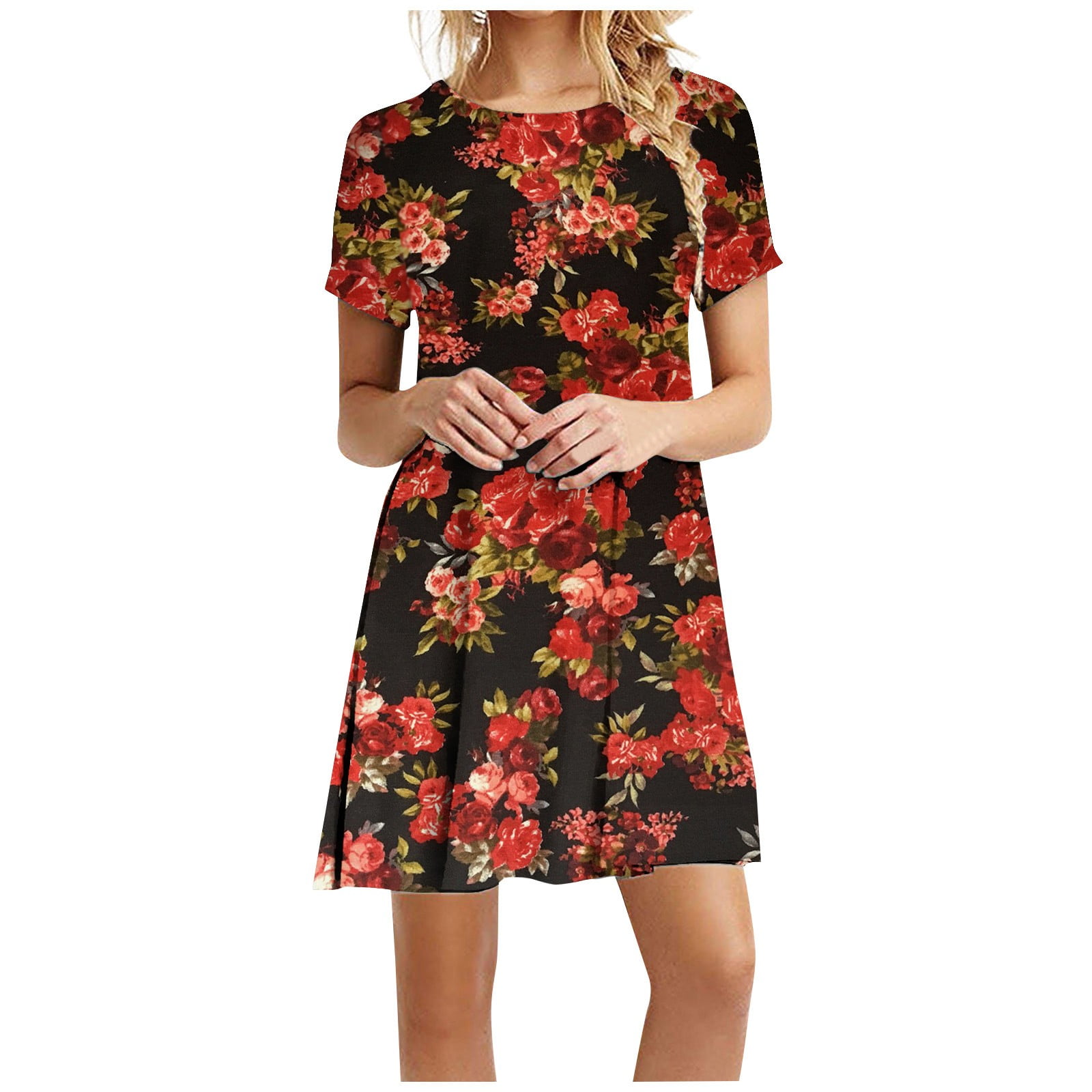 STEADY Women's Fashionable Casual Versatile Printed Retro Round Neck Short  Sleeve Summer Dress dresses for petite women,Red/L - Walmart.com