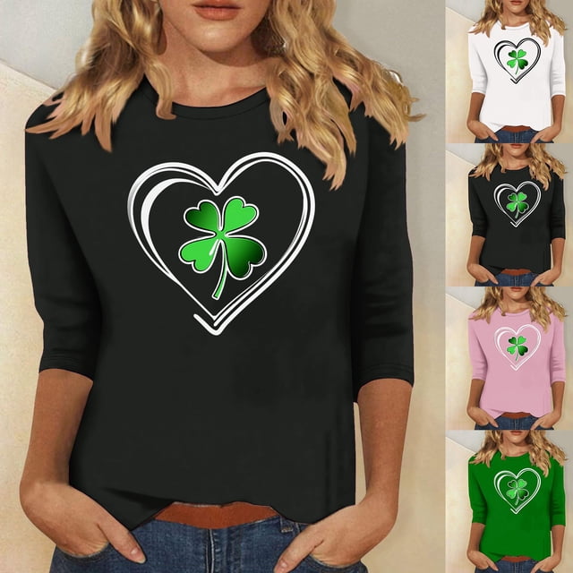 Hauts d'Été et de Printemps pour Femmes Chemisier Décontracté à Imprimé de la Saint-Patrick à la Mode pour Dames Col Rond Manches 7 Pouces Blouse Décontractée Noire P