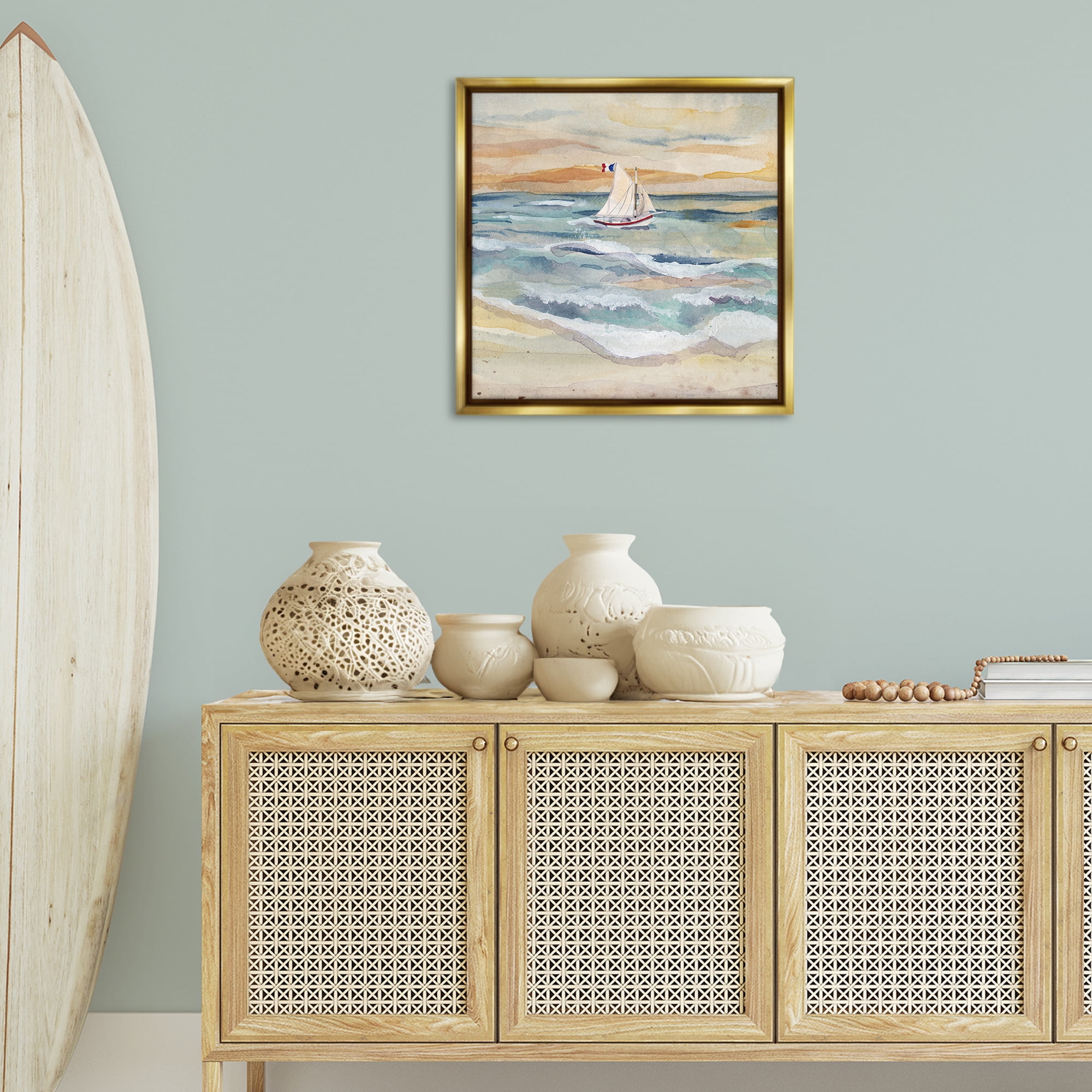 Stupell Industries Watercolor Boat Beach View Transportation Painting Gold Floater Framed Canvas Art Print Wall Art, 25 x 25