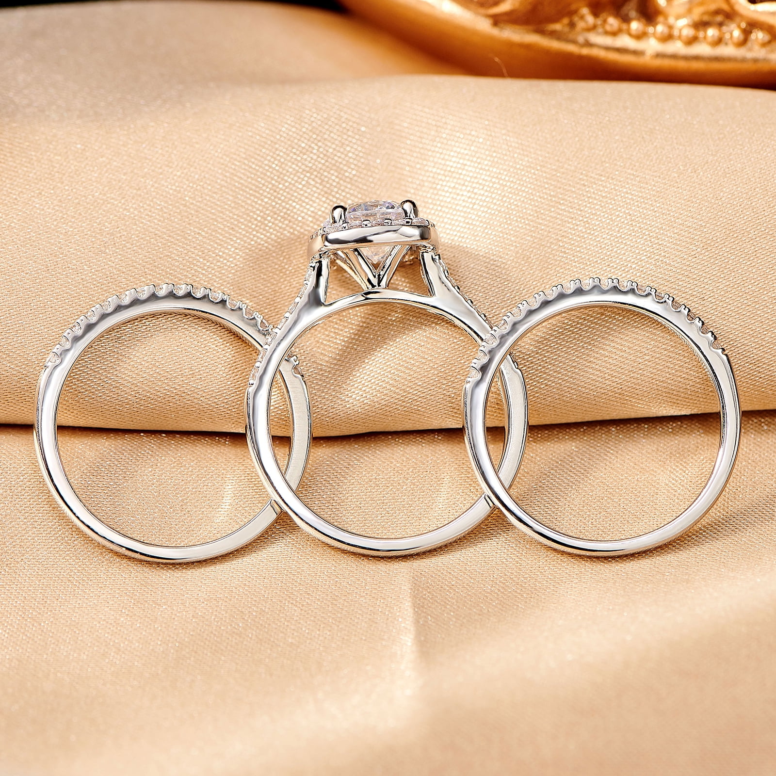 Newshe Jewellery 2Ct Halo Wedding Ring Set For Woman Engagement Rings Round AAAAA Cz 3pcs Size 5