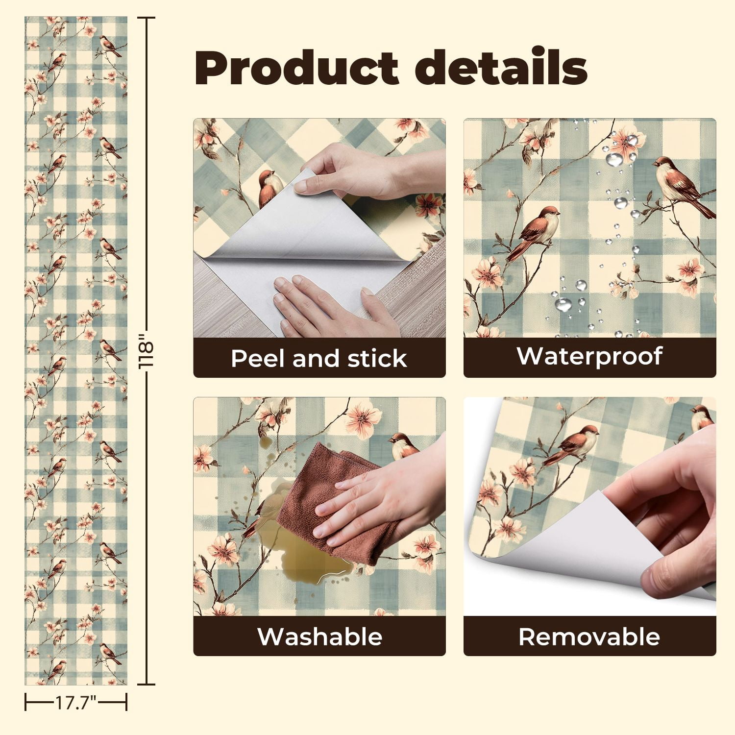 Peel and Stick Wallpaper Vintage Birds Floral Branches Blue White Checkered Wall Mural 17.7in x 9.8ft Self Adhesive Removable Wall Paper Renter Friendly Wallpaper for Nursery Bedroom Cabinets
