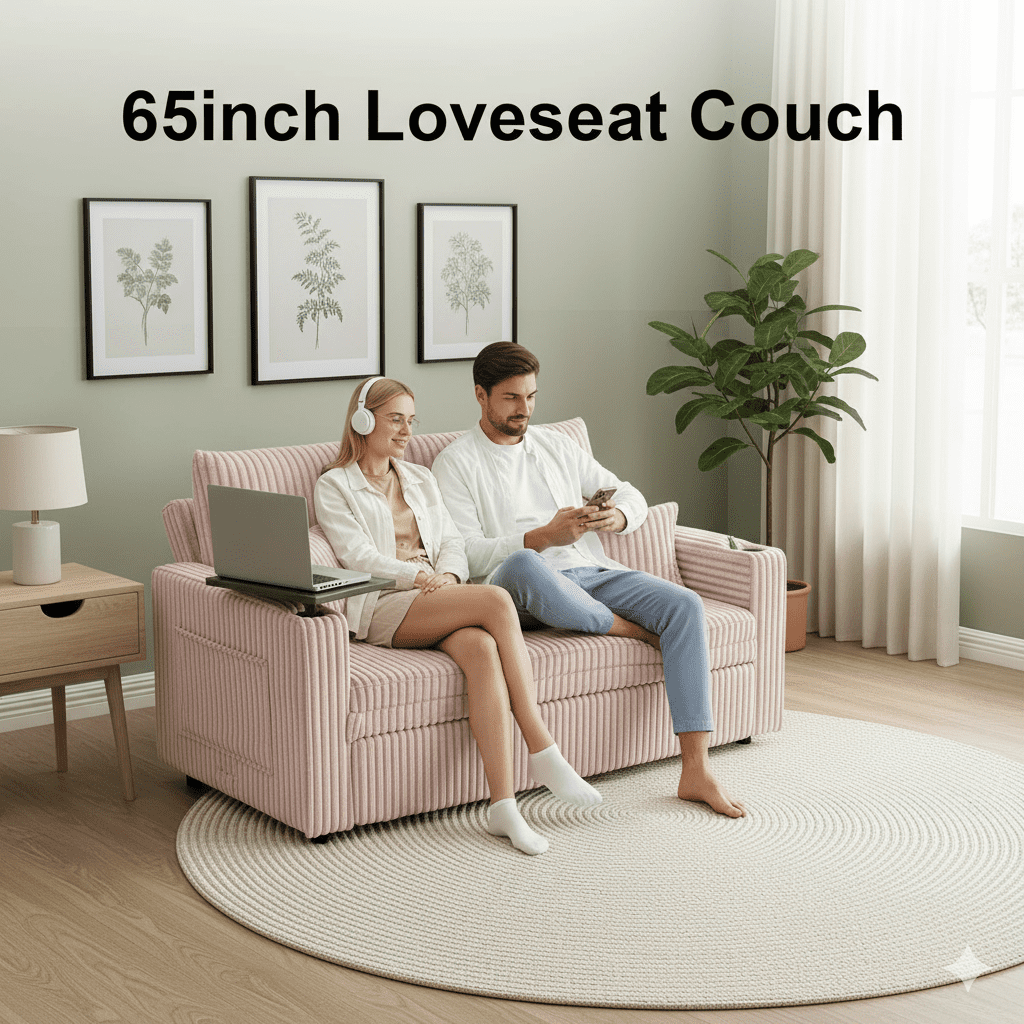 Vinform Sofa Bed with Pull Out Couch, 65" Convertible 3-in-1 Sleeper Sofa Bed for Living Room Small Space, Corduroy (Pink)
