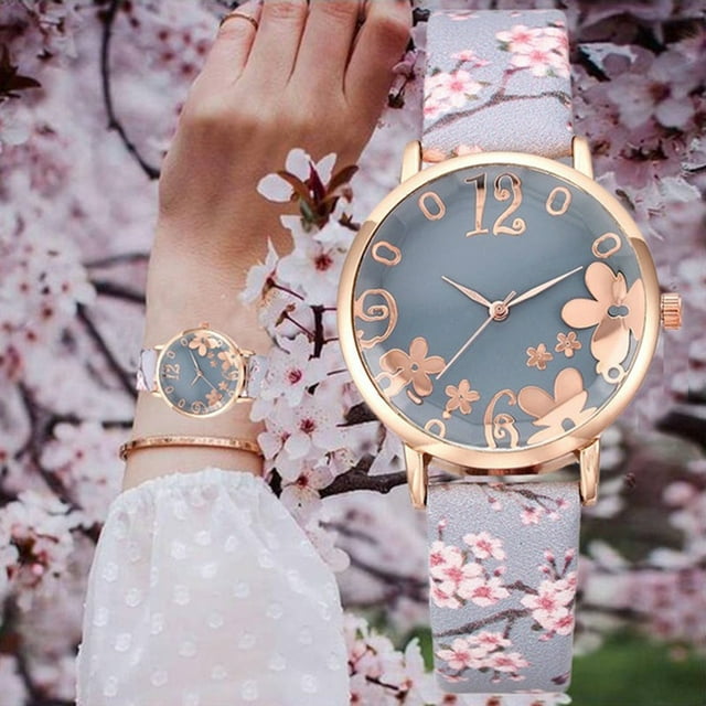 Creative Floral Round Dial Analog Faux Leather Band Women Quartz Wrist Watch