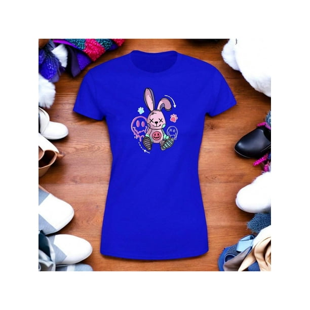 Playera Blusa Con Estampado De Conejo Kawai Con Caras Fantasmas Ropa Para Mujer Color Azul Talla Chica Marca Emil SaEs