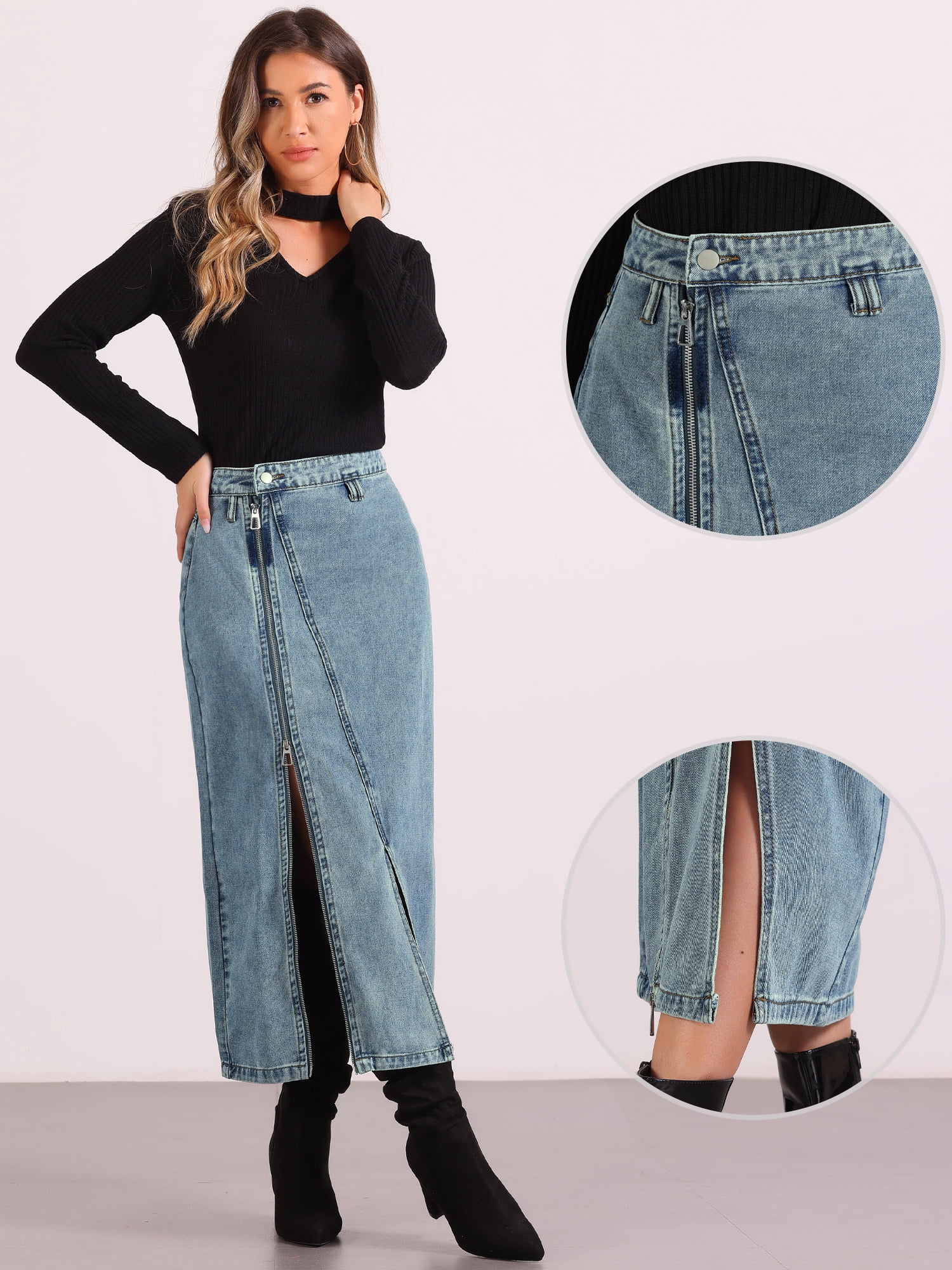 DARING DIVA Women Denim Zipper Front Split Long Jean Skirt with Pockets S Blue