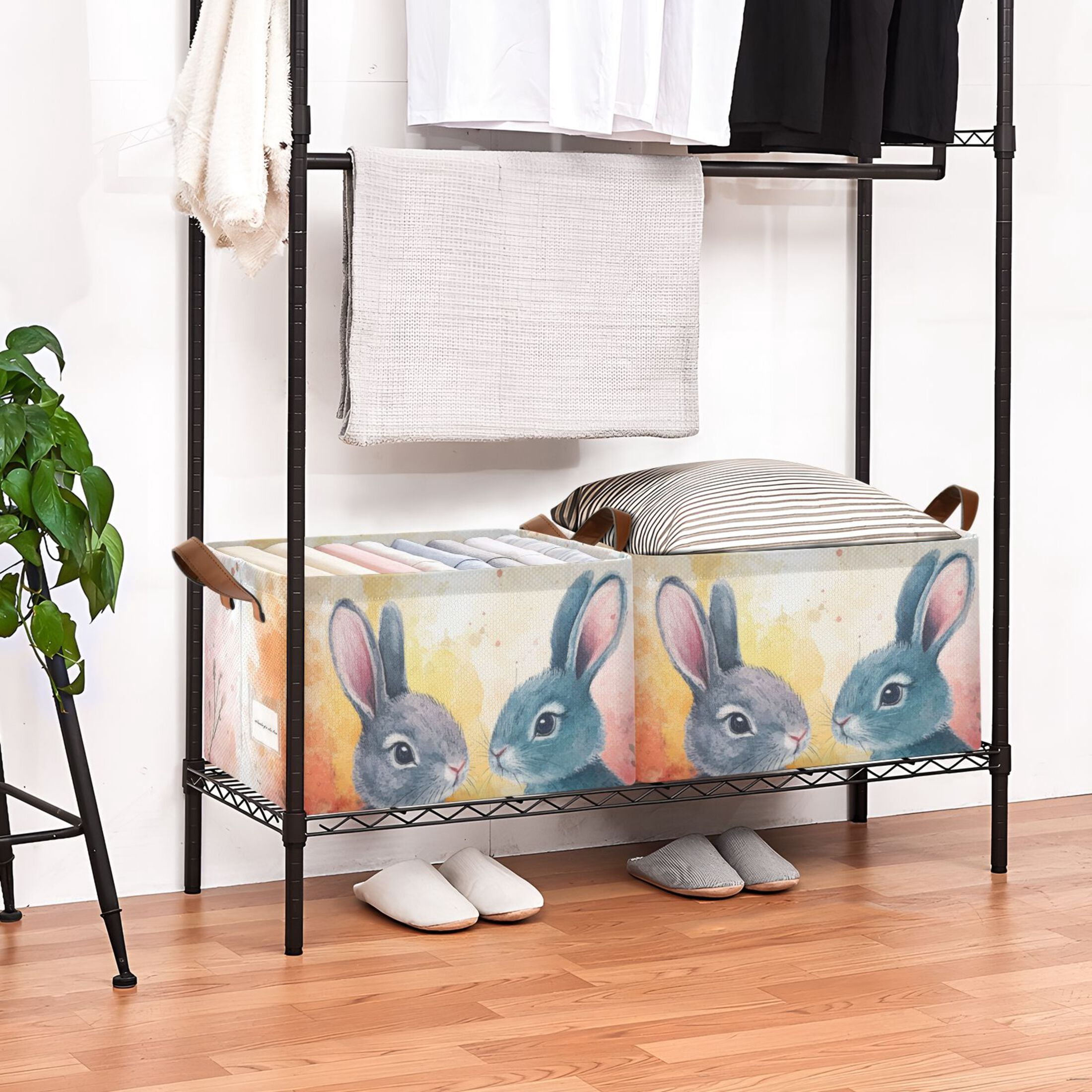 Easter Eggs Bunnies Leaves Foldable Storage Large Fabric Storage Baskets Organizer Storage Bins with Handles for Shelves