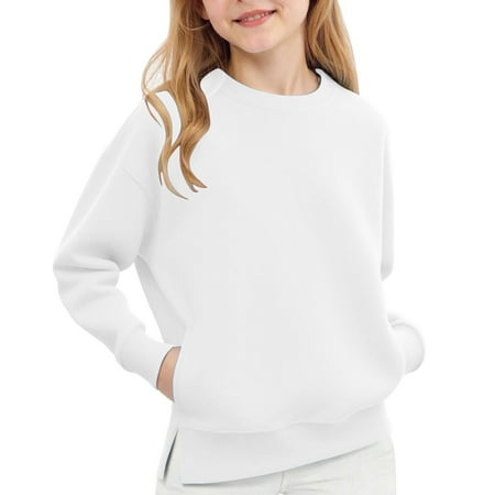 Lenpel Sweatshirts for Girls Long Sleeve Crew Neck Side Split Pullover Sweatshirt Tops Children Casual Sweatshirts with Pockets(White 5-6 Years)