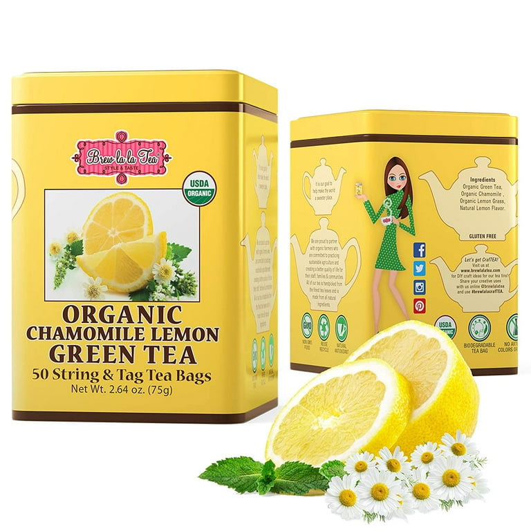 Brew La La Organic Green Tea - Natural Chamomile Lemon - 50 Tea Bag Tin -  Low Caffeine Gourmet Tea 
