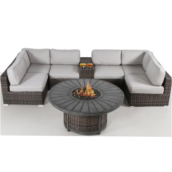 JERFIT 8-Piece Outdoor Sectional Sofa Set with Fire Pit Table, U-Shaped Patio Conversation Set for 4, Espresso Brown All-Weather Wicker, No Assembly Required