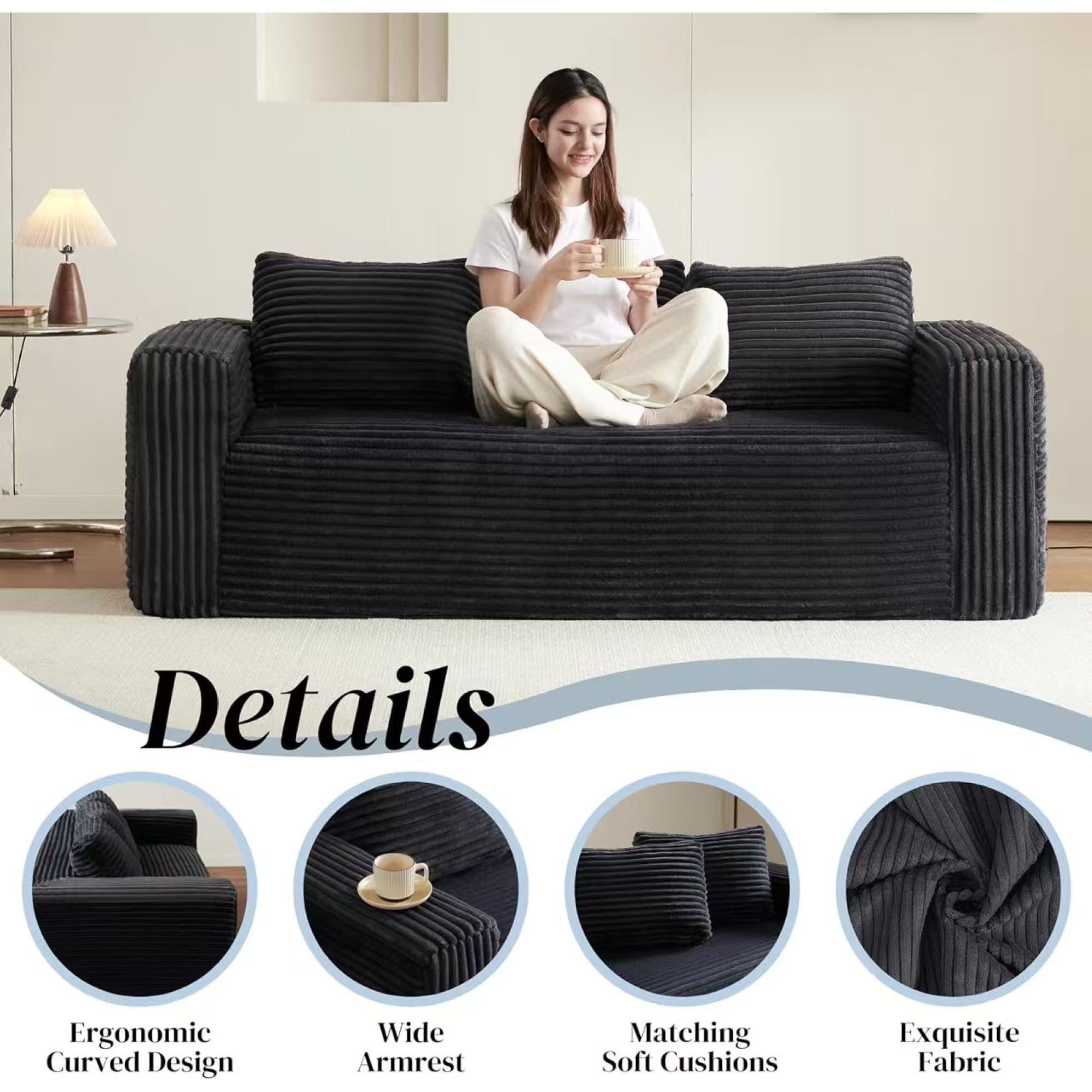 Jopat 80" Loveseat Sofa Couch,Cloud 3 Seater Boneless Couch,Deep Seat Corduroy Sofa,Modern Compressed Sofa Small Couches for Small Spaces,Apartement,Black