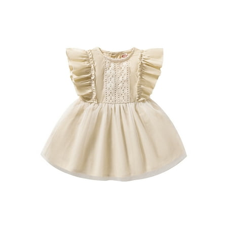 

Thaisu Baby Girls Summer A-Line Dress Ruffle Trim Fly Sleeve Lace Patchwork Mesh Hem Princess Dress 3M-2Y