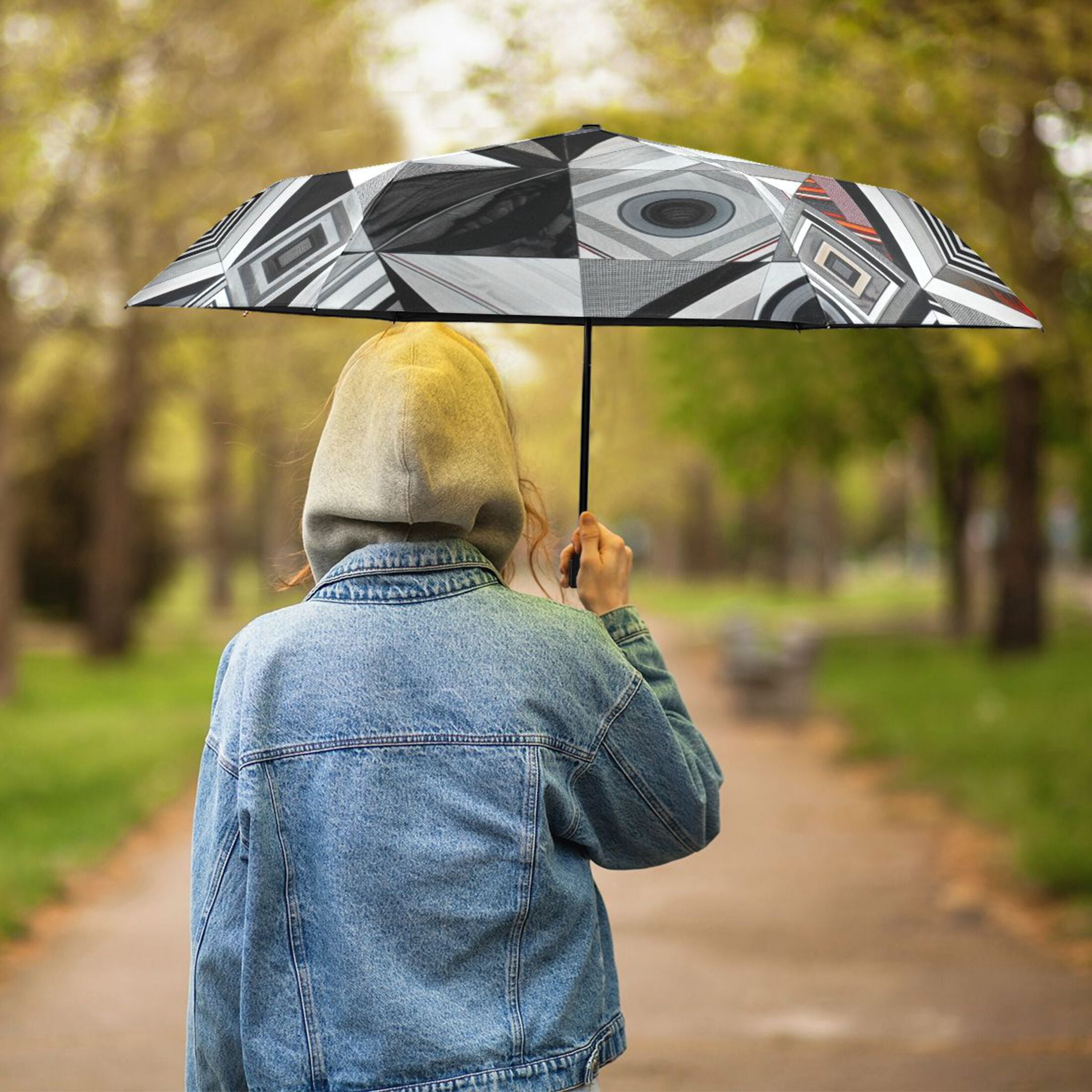 ALAZA Geometric Plaid Checkered Pattern UPF 50+ Compact Folding Umbrella for Rain Travel Umbrella Packable
