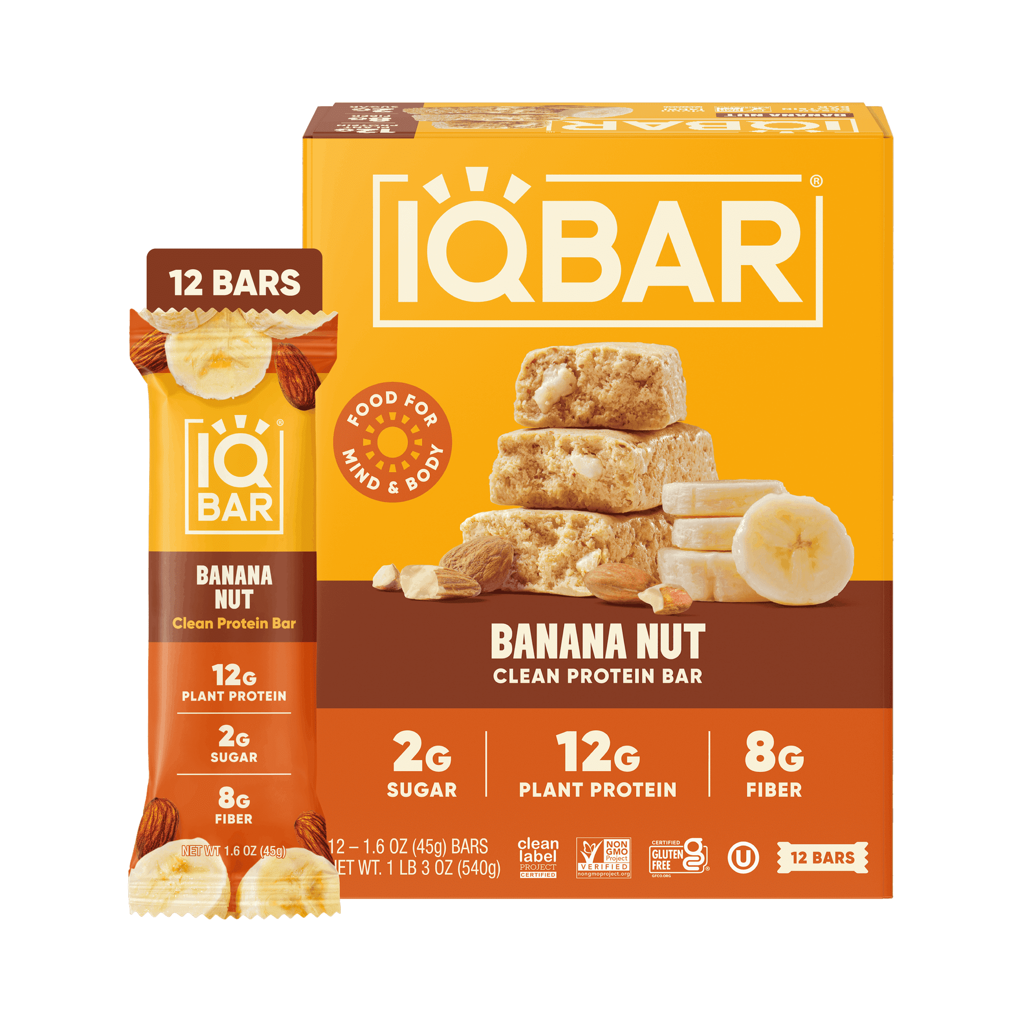 IQBAR Clean Plant Protein Bars - Banana Nut - 12 Count - Keto, Vegan, High Fiber, Gluten and Dairy Free, Low Sugar Snack