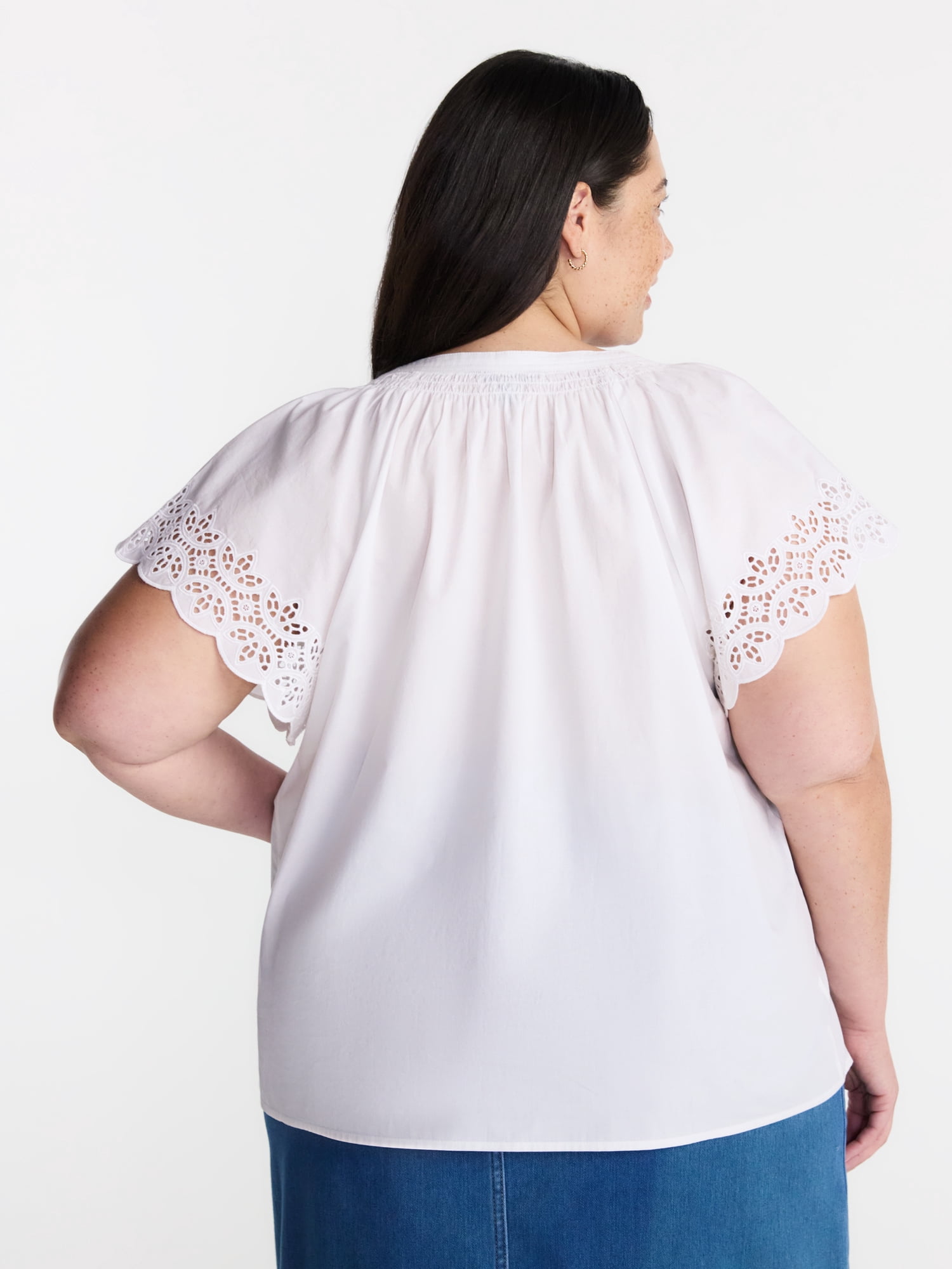 Terra & Sky Women’s Plus Cotton Eyelet Top with Short Sleeves, Sizes 0X-5X