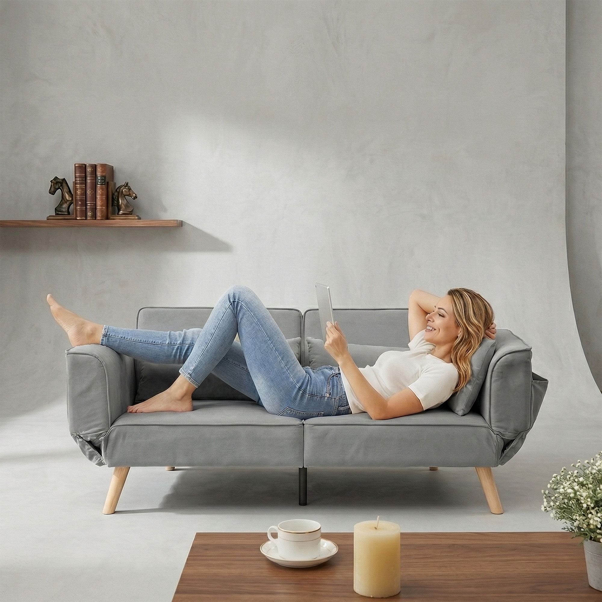 CARZZI LIFE Futon Sofa Bed, Sleeper Sofa, Small Velvet Couch with 5 Adjustable Armrests 3 Splitback Settings 600 LBS Capacity Easy Assembly for Living Rooms Apartments Guest Rooms, Grey