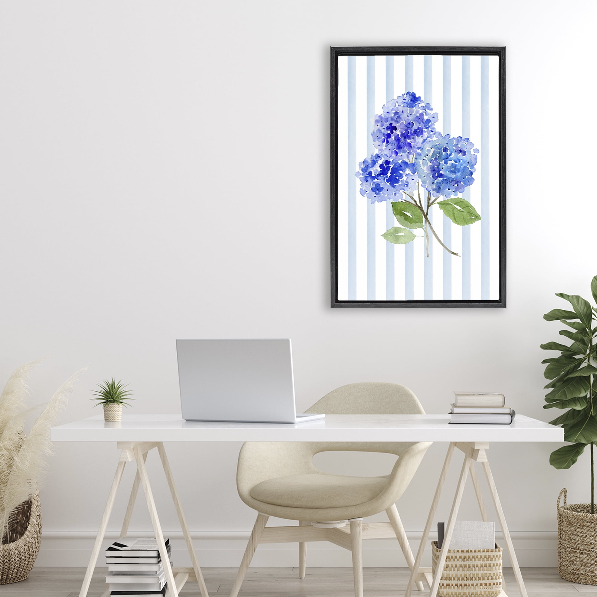 Stupell Industries Blue Hydrangeas over Stripes Black Framed Floater Canvas Wall Art, design by Corinne Haig