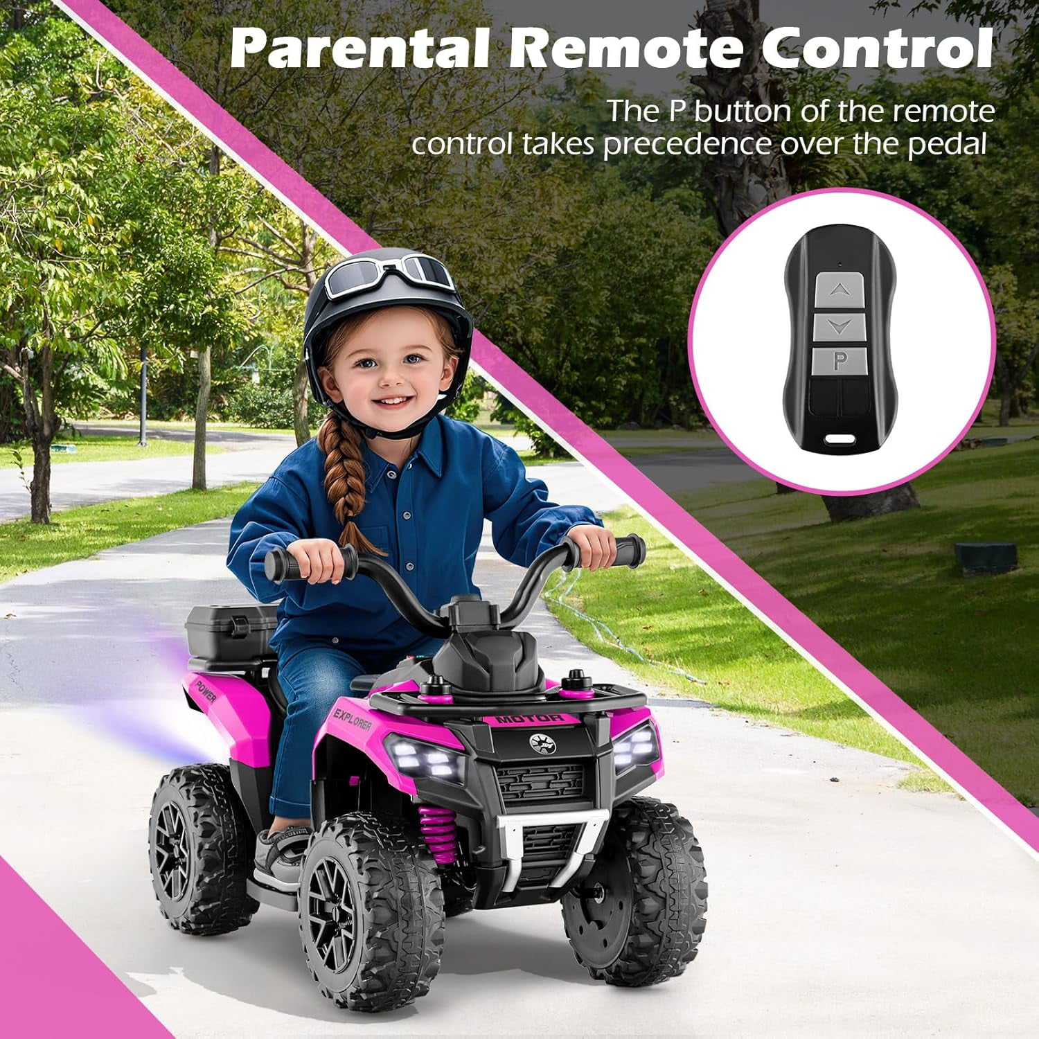 OLAKIDS Kids ATV with Spray Function, Remote Control, Storage Trunk, 6V Electric Toddler Ride on Toy