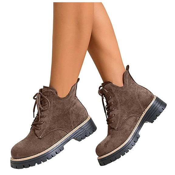 Womens Brown Suede Ankle Platform Boots Lace Up Combat Booties Fashion Lug Sole Mid Calf Fall Boots