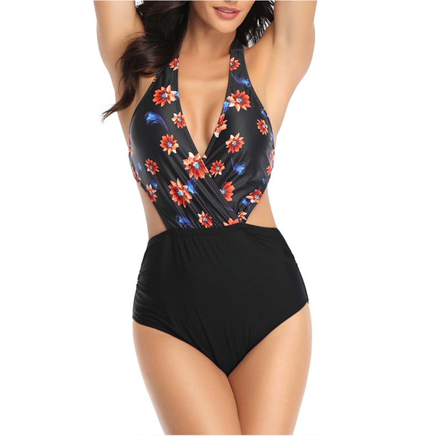 Lallc Womens Floral Printed One Piece Backless Monokini Summer Beach Padded Swimsuit Halter Tummy Control Bathing Swimwear Walmart Com Walmart Com