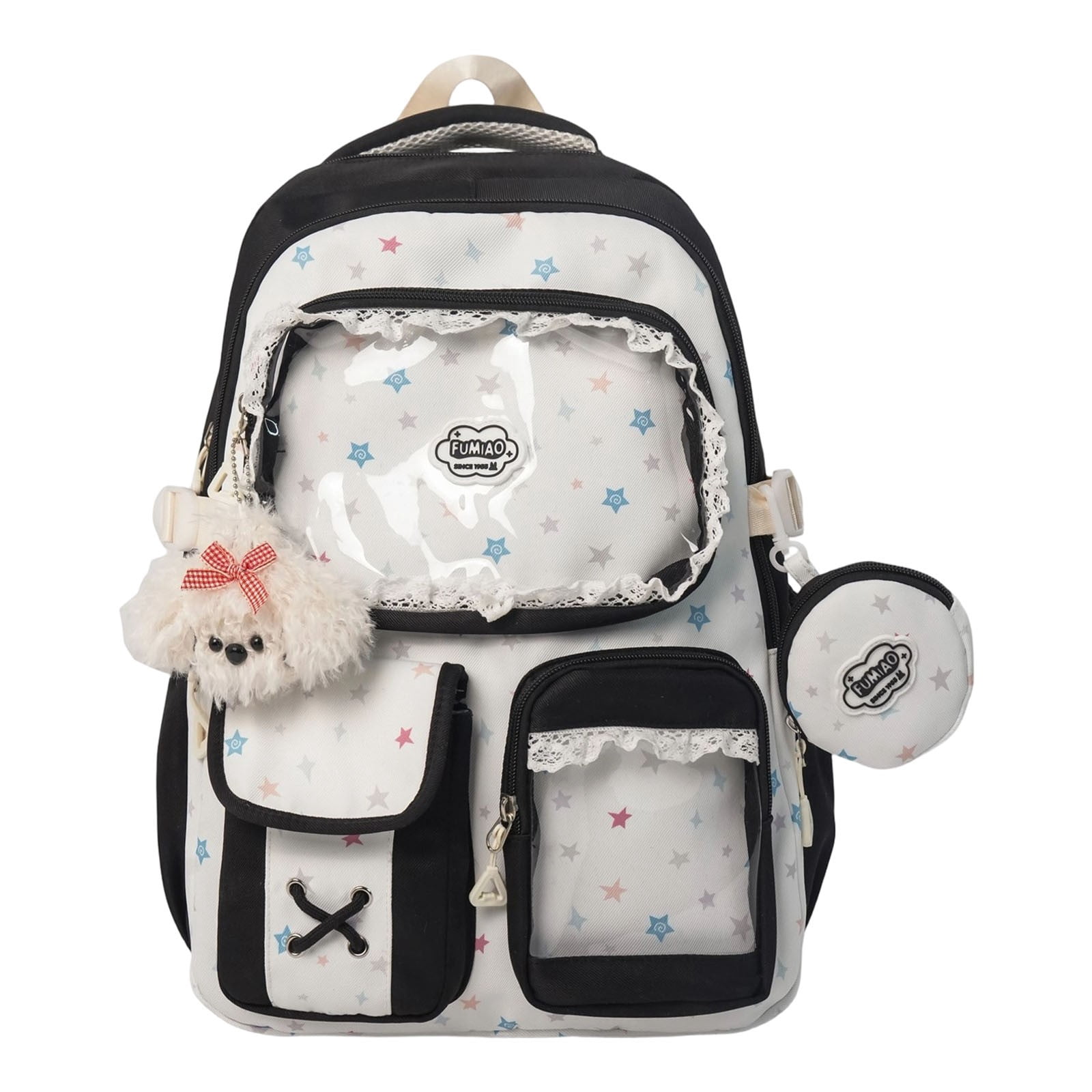 Kawaii Ita Backpack Cute School Bag for Girls Aesthetic Japanese Backpack with See-Through Window, Star Prints, Lace Trim & Plush Dog Charm for Teenage Primary Secondary School（Black）