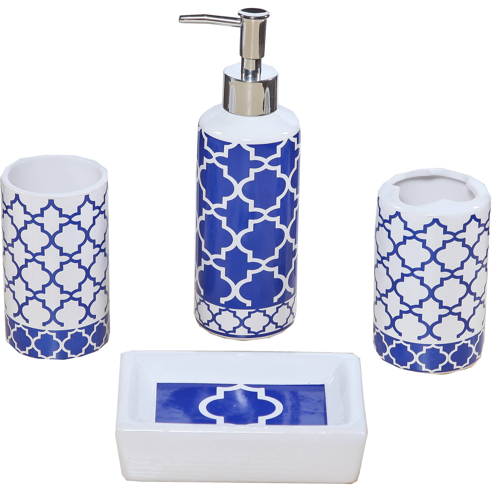 Indecor Home 4 Piece Ceramic Bath Set Blue Lattice