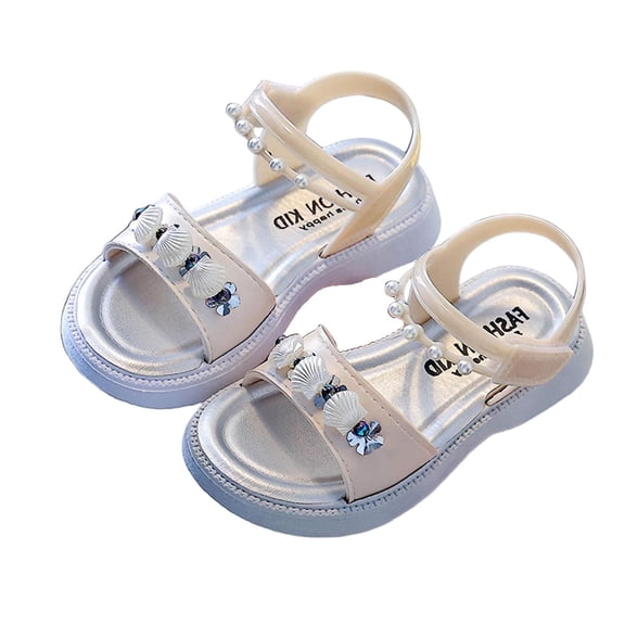 Floleo Girls Shell & Flower Accent Pearl Sandals, Adjustable Ankle Strap Footwear, Three Tone Non-Slip Rubber Sole Kids Summer Beach & Casual Dress Shoes(White,6-7 Years)