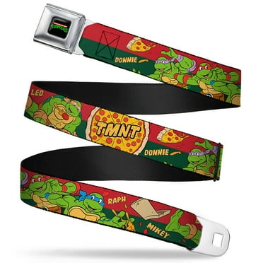 Nickelodeon Belt, Seatbelt Buckle Belt, Classic TMNT Turtles Pizza Party Stripe Red Green, 24 to 38 Inches