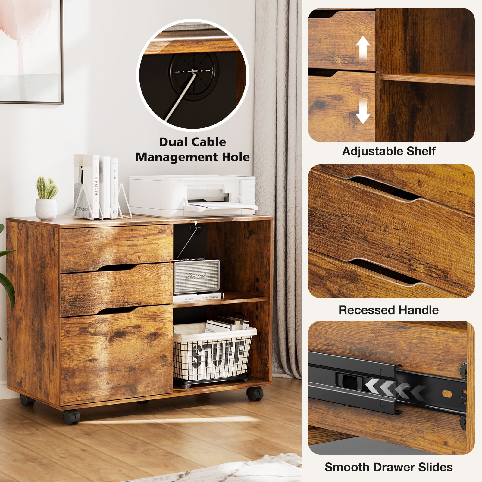 Bigleap 3-Drawer File Cabinet, Mobile Printer Stand with Open Shelves & Locking Wheels, Wood Rolling Storage Cabinet for Home Office Desk Organization,Brown