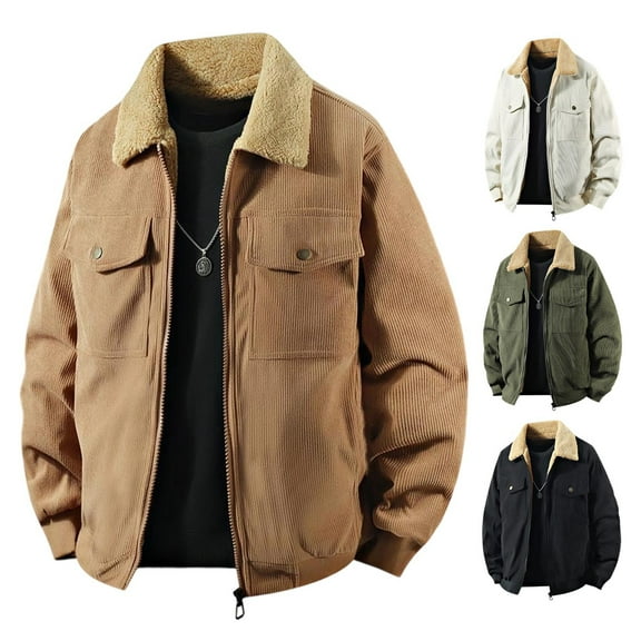 Bixock Men Fall and Winter Lined Shirt Jacket,Faux Trucker Jackets for Men,Men's Outwear Jackets Solid Color Thickened Corduroy Long Sleeve Lined Casual Outerwear Jackets