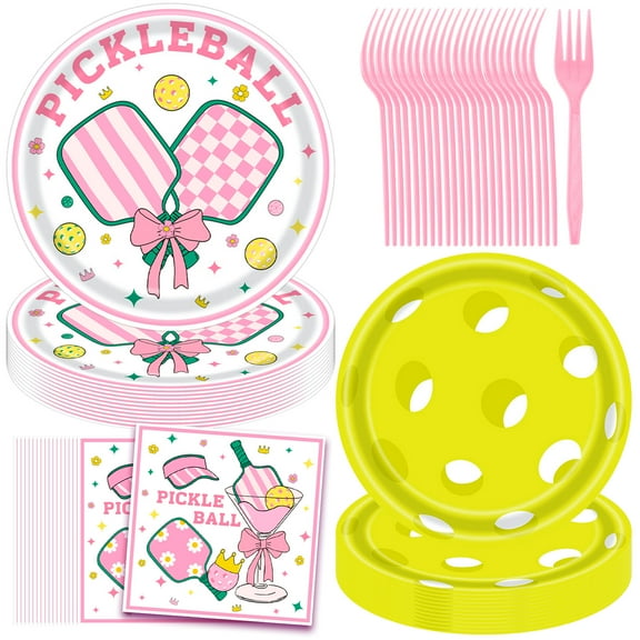 JESTAR 96Pcs Pickle-ball Party Supplies Pickle-ball Party Plates and Napkins Disposable Pickle Ball Paper Tableware Set for Pickle Ball Theme Birthday Baby Shower Sports Party Decorations Serves 24