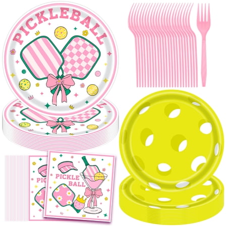 JESTAR 96Pcs Pickle-ball Party Supplies Pickle-ball Party Plates and Napkins Disposable Pickle Ball Paper Tableware Set for Pickle Ball Theme Birthday Baby Shower Sports Party Decorations Serves 24