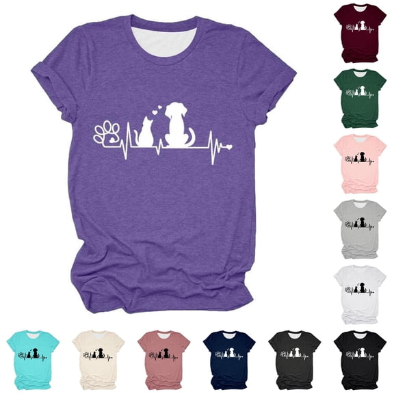 Trendfront Womens Cat Dog Heartbeat Graphic T Shirt Paw Print Pet Animal Silhouette Crewneck Short Sleeve Tee Funny Cute Summer Tops