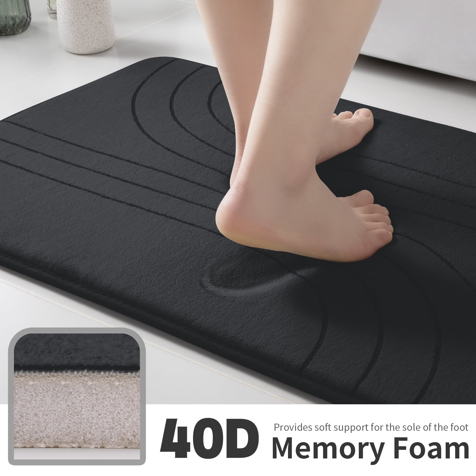 CHAKMEONE Bathroom Rug Sets 3 Piece,Non Slip Bath Mat Set with U-Shaped Toilet Rug,Super Absorbent Memory Foam Bathroom Floor Mats for Shower,Tub,Toilet,Black
