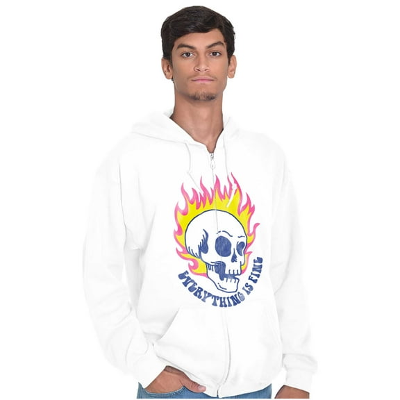 Everything is Fine Flaming Skull Unisex Fleece Graphic Zip Up Hoodie Brisco Brands 2X