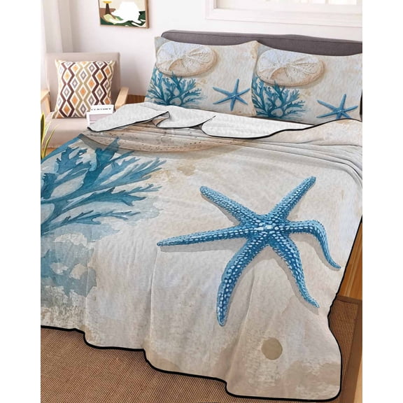 Blue Beige Coastal Twin XL Size Down Alternative Comforter,Lightweight Comforter Quilt Bedding Set with Pillow Shams Summer Beach Nautical Shell Coral Starfish Bed Comforter Duvet Insert 68"x98"