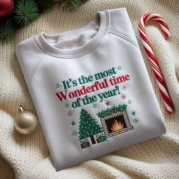 Embroidered Christmas Time Sweatshirt, Retro Holiday Sweater