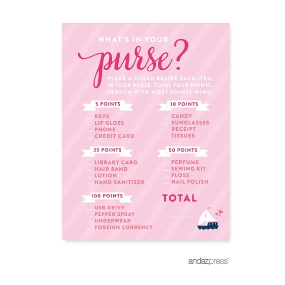 What's In Your Purse?  Pink Girl Nautical Baby Shower Games Request Cards, 20-Pack