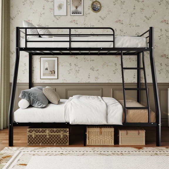 Capri Twin over Full Size Metal Bunk Bed for Teens Adult with 12" Under-Bed Storage & Ladder & Full-Length Guardrail, Space-Saving, Heavy-duty, Black