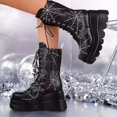 thumbnail image 3 of SACFOF Platform Goth Mid Calf Boots for Women Punk Motorcycle Round Toe Combat Chunky Heel Boots Lace Up Wedge Booties, 3 of 5