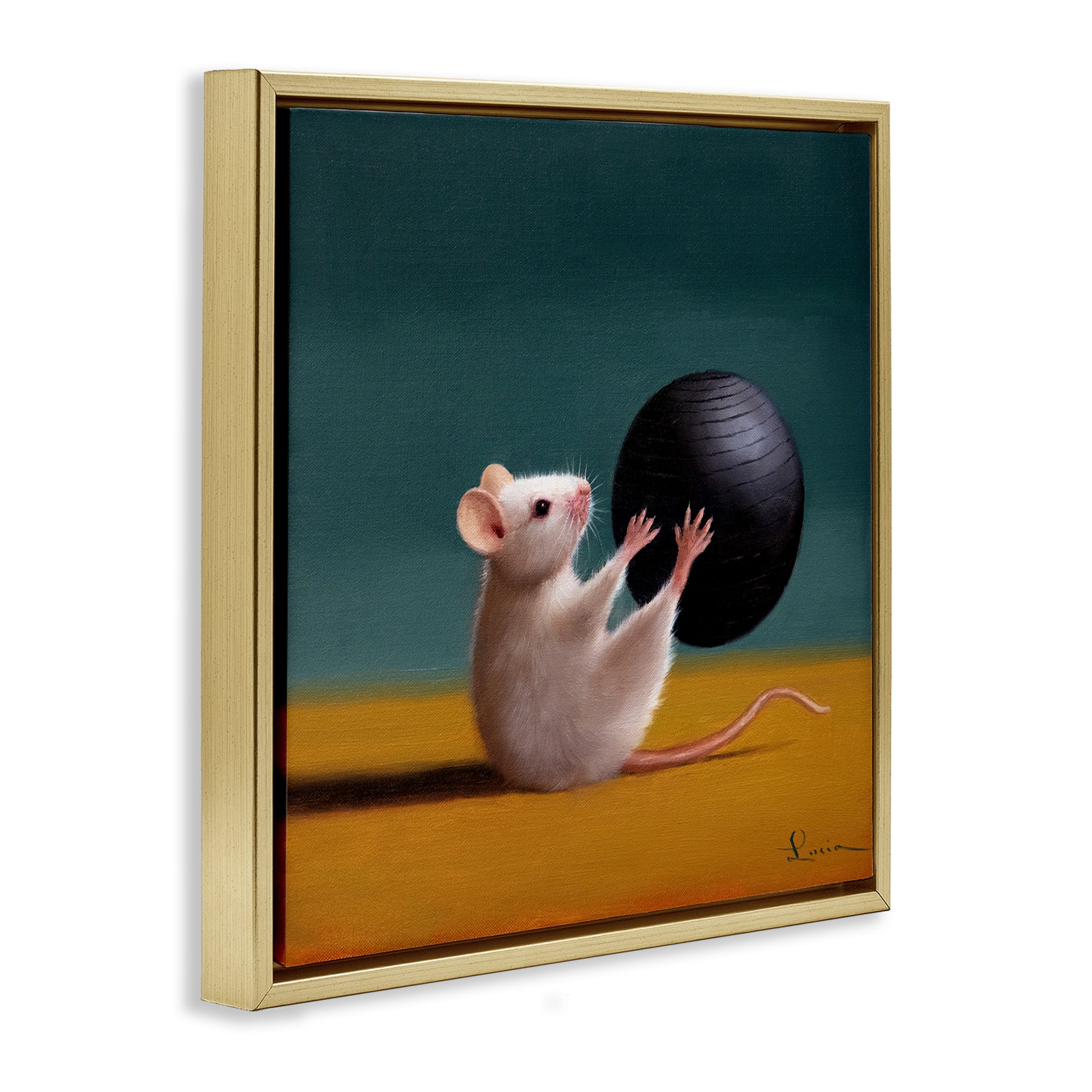 Stupell Industries Mouse with Exercise Ball Animals & Insects Painting Gold Floater Framed Canvas Art Print Wall Art, 25 x 25