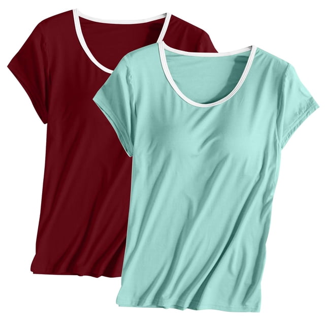 TIMIFIS Hauts de Pyjama pour Femmes Été Décontracté avec Soutien-Gorge Intégré Rembourré T-Shirt à Manches Courtes Couleur Unie Col Ras du Cou Yoga Tenue de Détente 2 Pcs