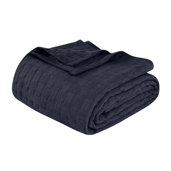 Superior Basketweave All-Season Cotton Blanket, Full/Queen, Navy Blue